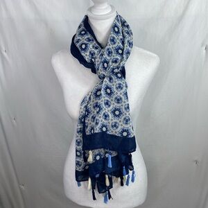 Blue & White Scarf Wrap Shawl with Fringe.  Abstract Design.